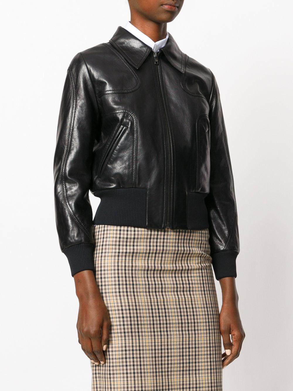 Prada Leather Cropped Bomber Jacket in Black - Lyst