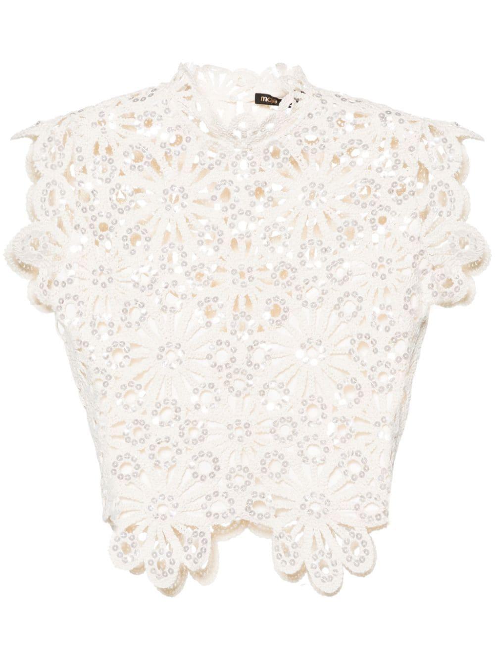 Maje Sequin-Embellished Crochet-Knit Top in White | Lyst