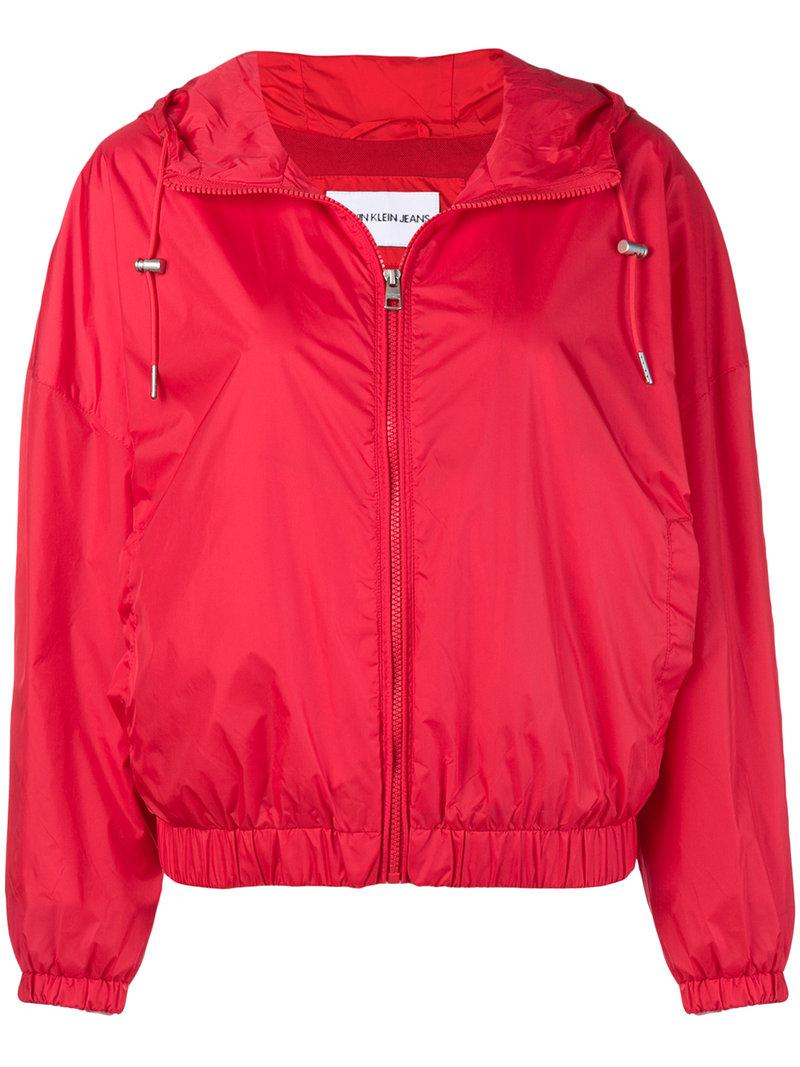 Calvin Klein Denim Logo Print Hooded Jacket in Red - Lyst