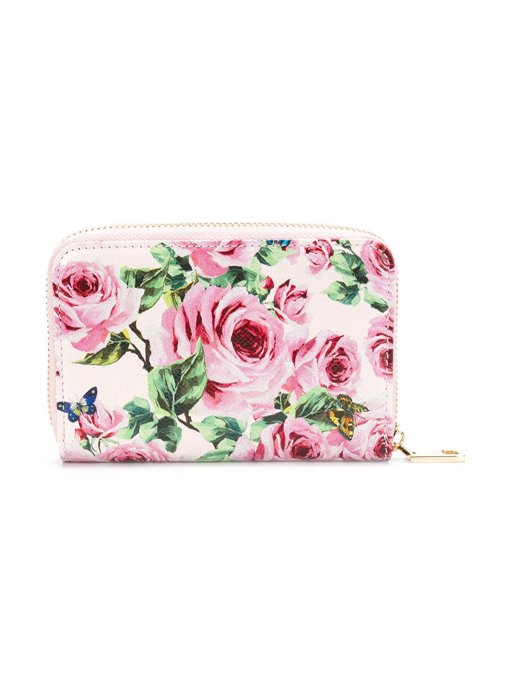 Dolce & Gabbana Leather Floral Print Wallet in Pink & Purple (Pink 