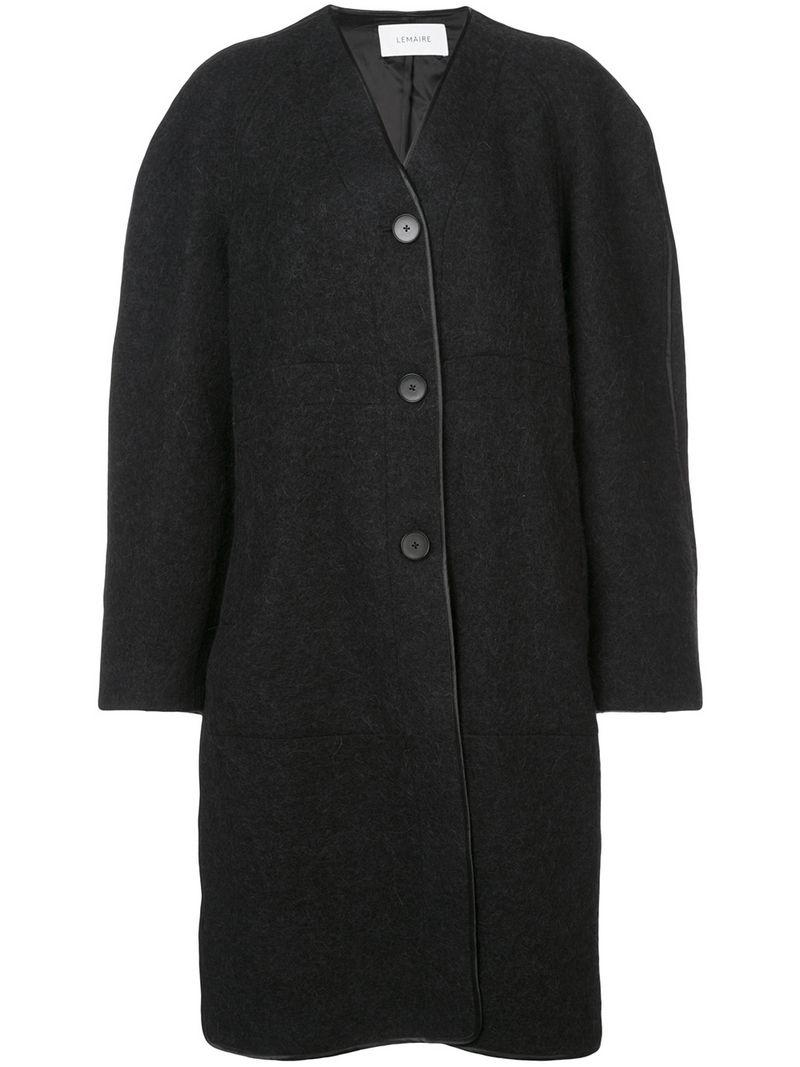 Lemaire Wool Collarless Coat in Black - Lyst