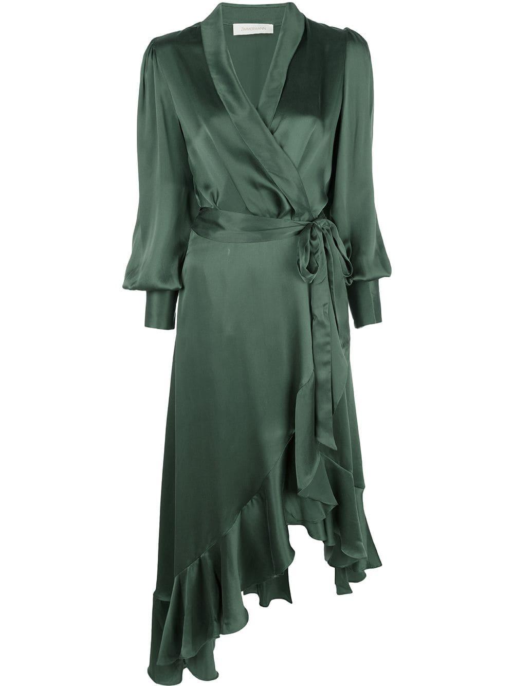 Zimmermann Silk Ruffled Wrap Dress in Green - Lyst