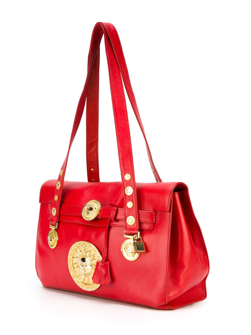 Versace Leather Logo Plaque Shoulder Bag in Red - Lyst