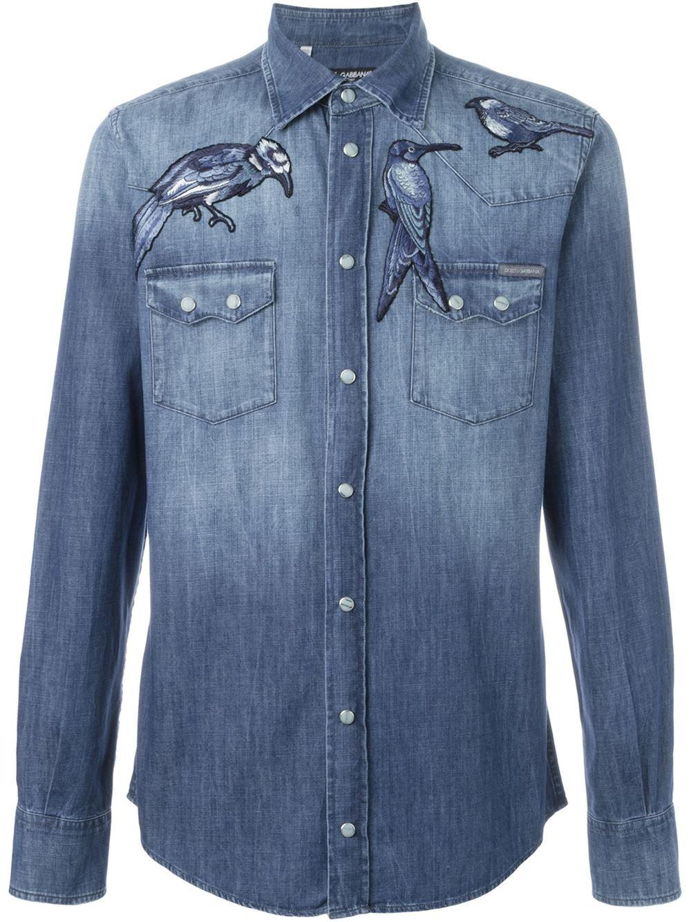 Dolce & Gabbana Bird Embroidered Denim Shirt in Blue for Men - Lyst