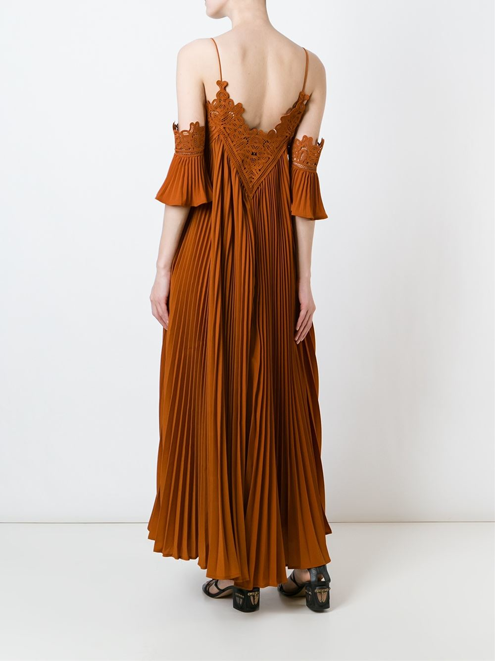self portrait orange off shoulder pleated chiffon dress Orange Pleated Chiffon Midi Dress