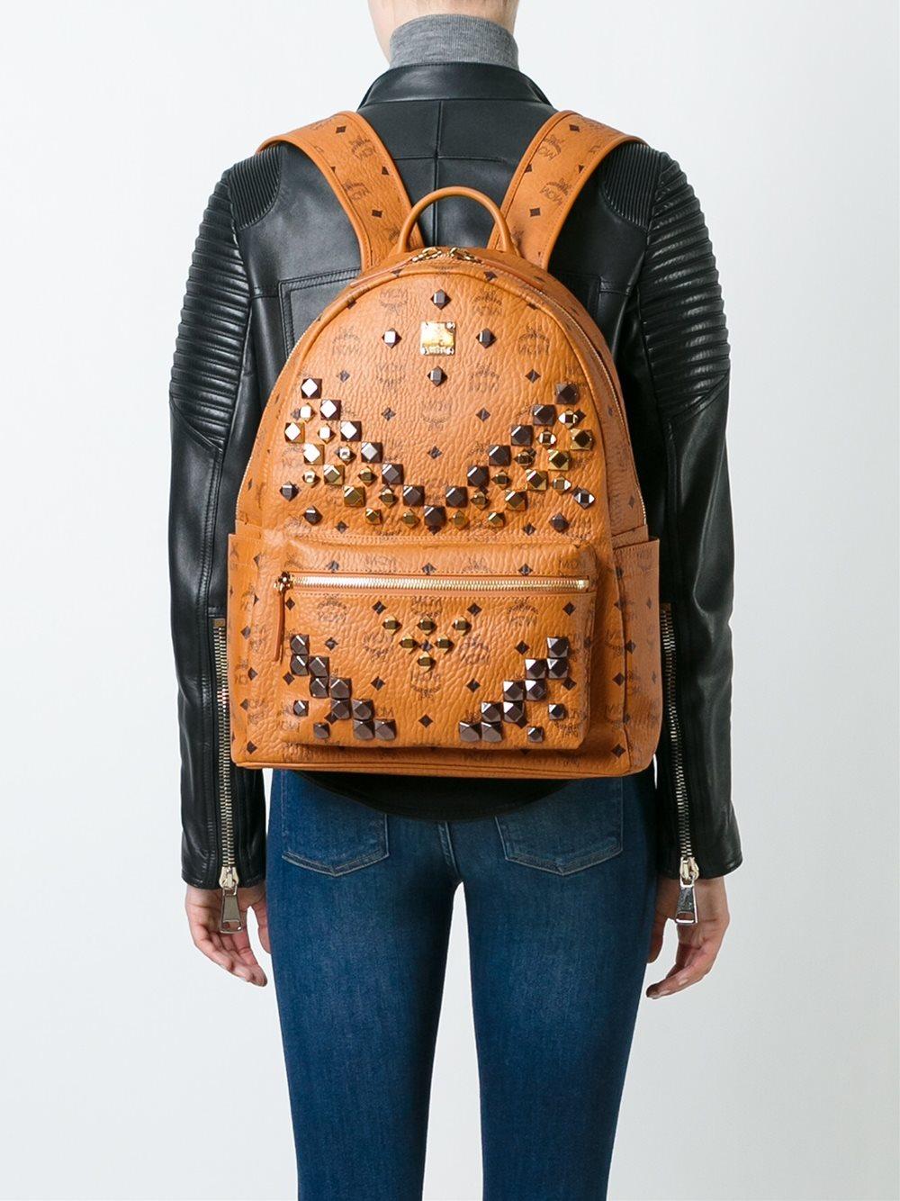 MCM Studded Large Backpack in Brown - Lyst