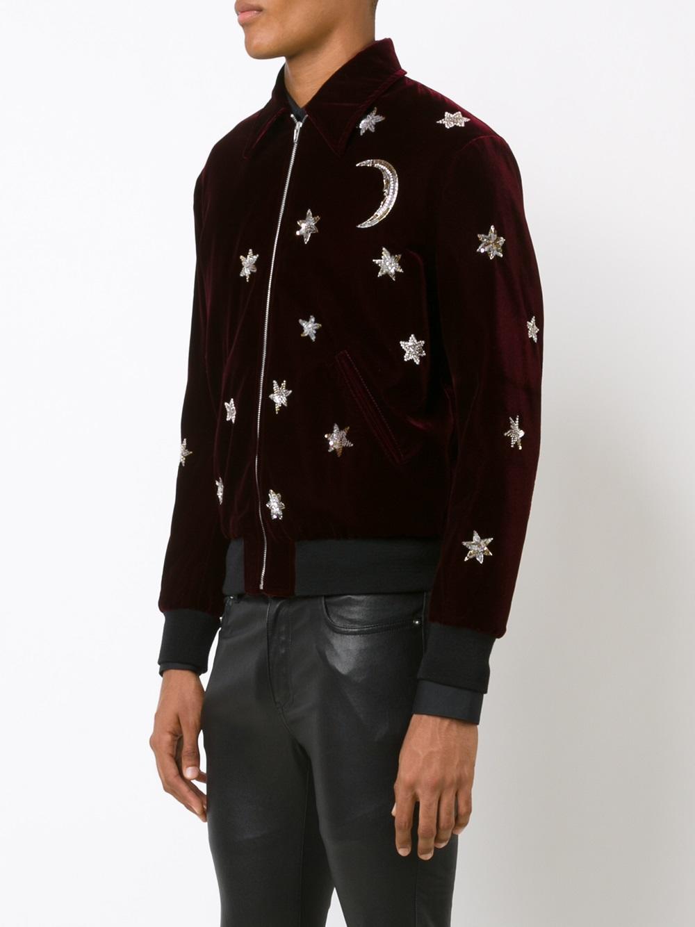 Saint Laurent Cotton Star And Moon Embellished Bomber Jacket in 