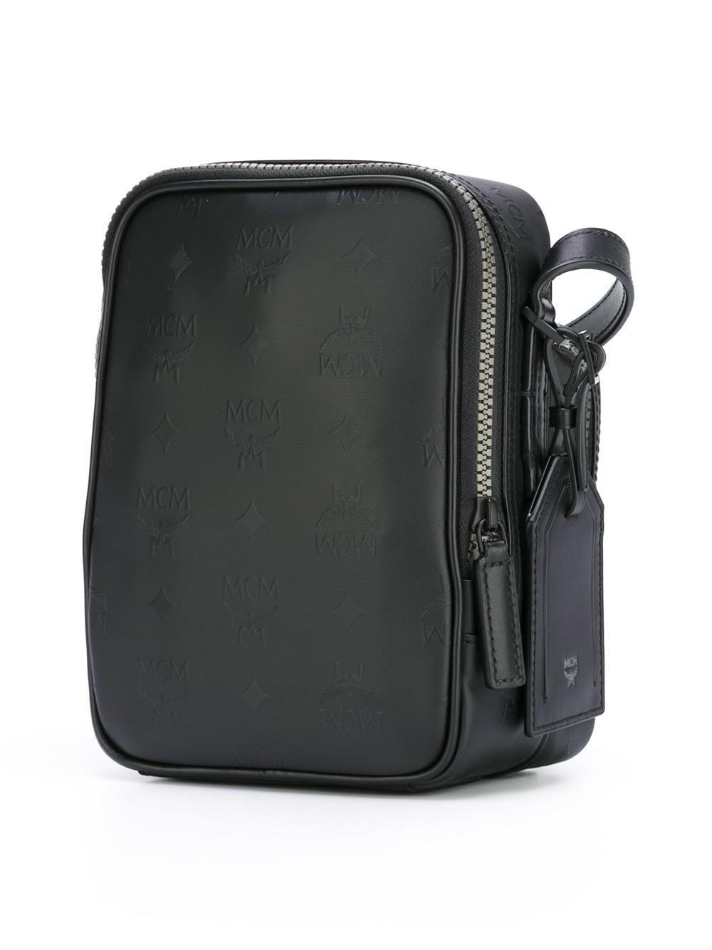 MCM Leather Logo Embossed Messenger Bag in Black for Men Lyst