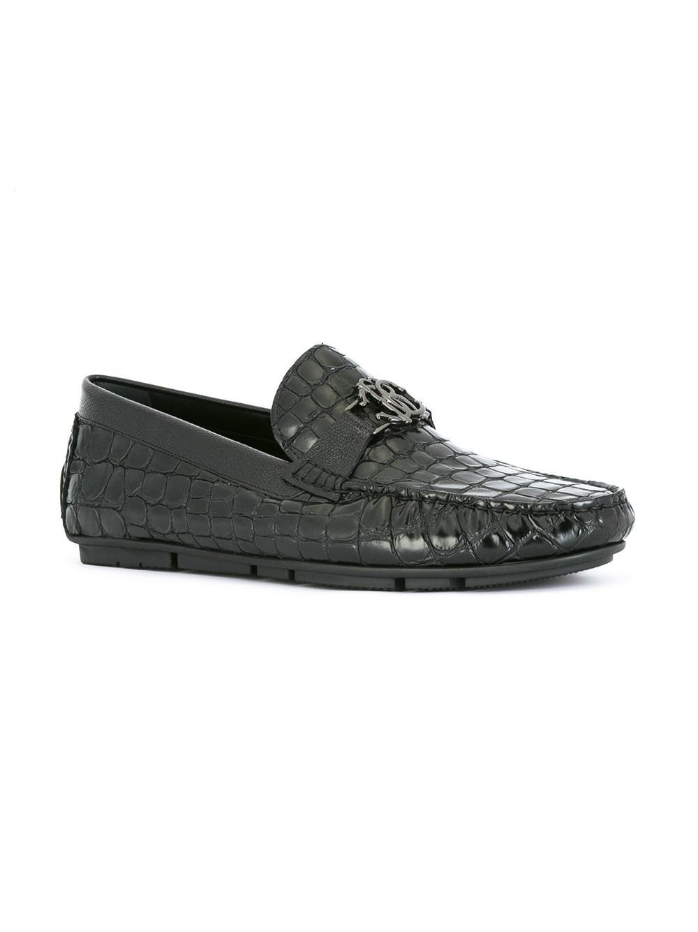 Roberto Cavalli Leather Crocodile Skin Effect Boat Shoes in Black for ...