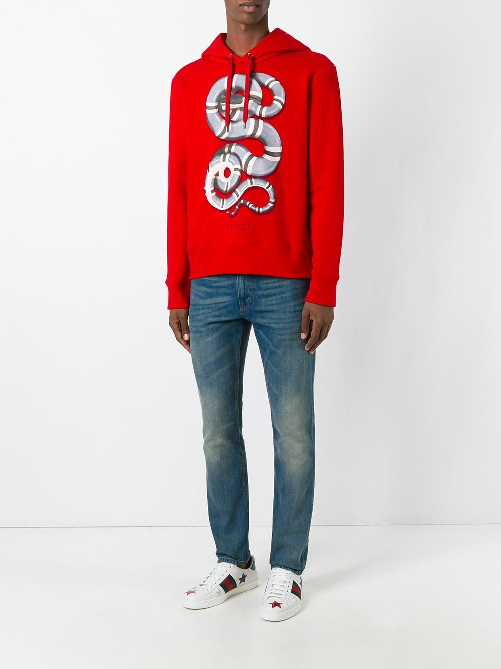 Gucci Cotton Snake Print Hoodie in Red for Men - Lyst
