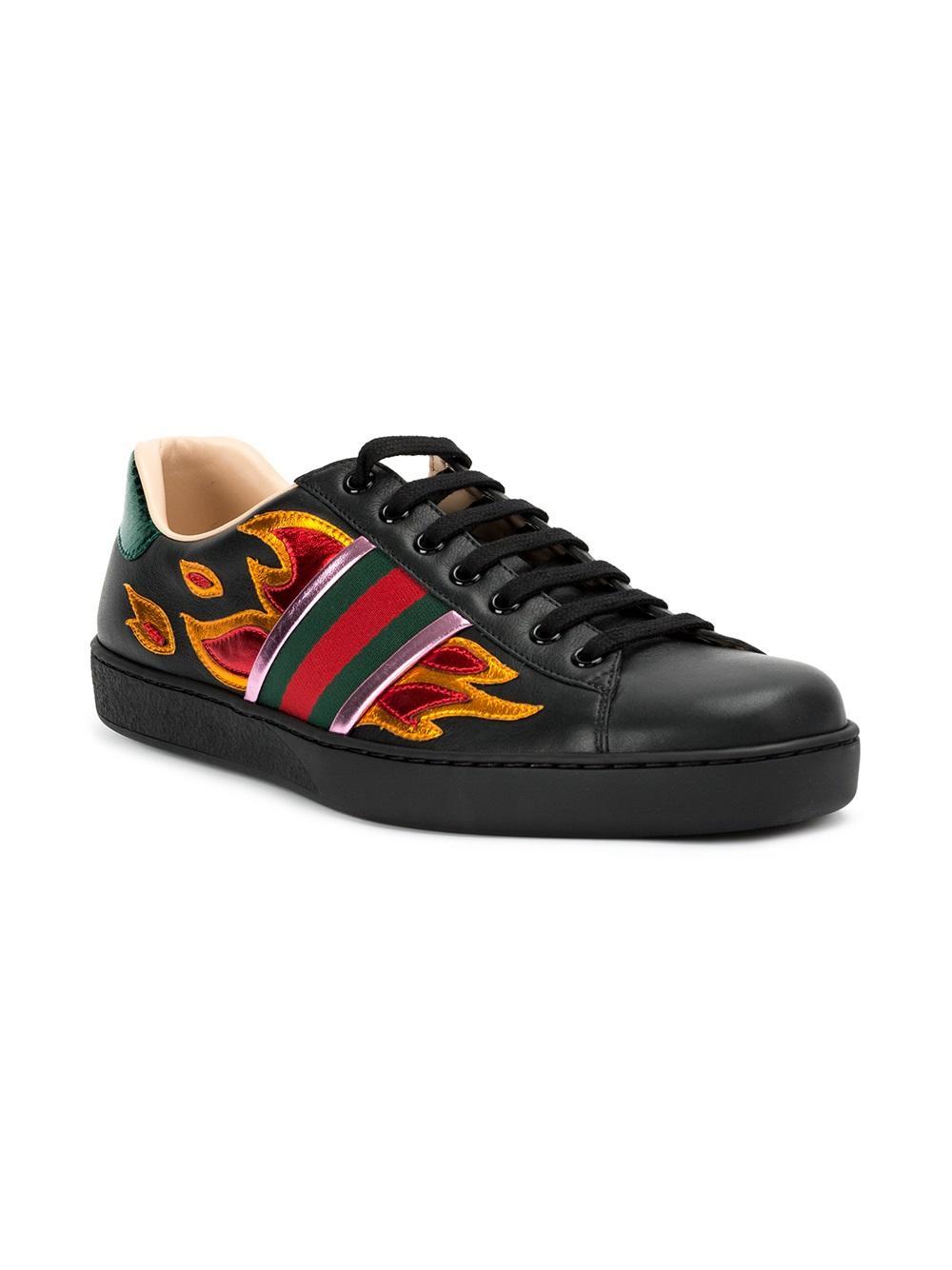 Gucci Leather Ace Flame Sneakers in Black for Men - Lyst