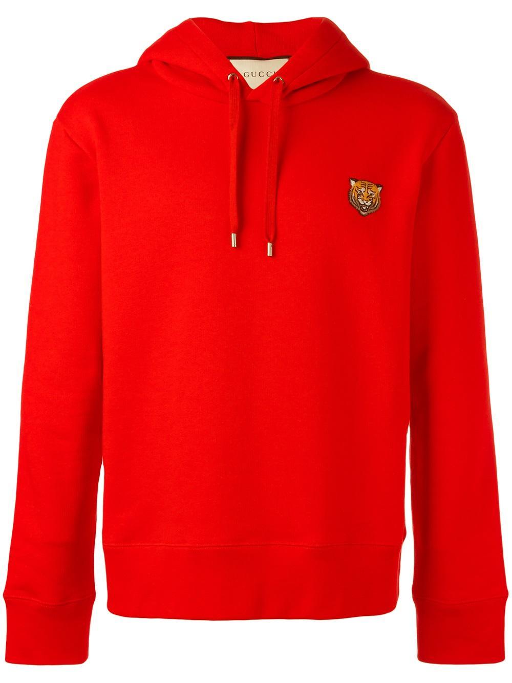 Gucci Cotton Tiger Applique Hoodie in Red for Men - Lyst
