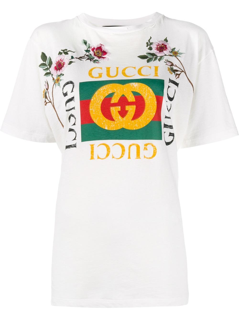 Gucci 'fake ' Embroidered T-shirt in White | Lyst