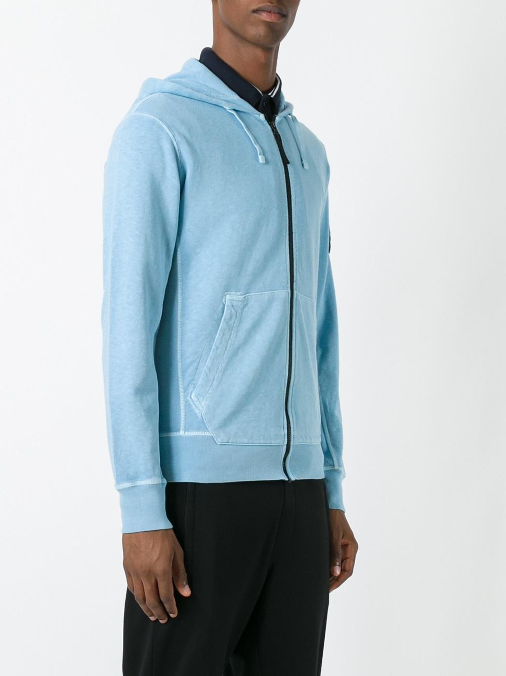 Stone Island Cotton Zip Up Hoodie in Blue for Men - Lyst
