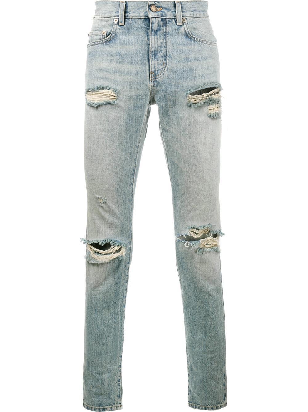 Lyst - Saint Laurent Distressed Skinny Jeans in Blue for Men