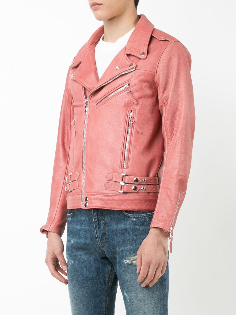 John Elliott Leather Straps Detail Biker Jacket in Pink/Purple (Pink