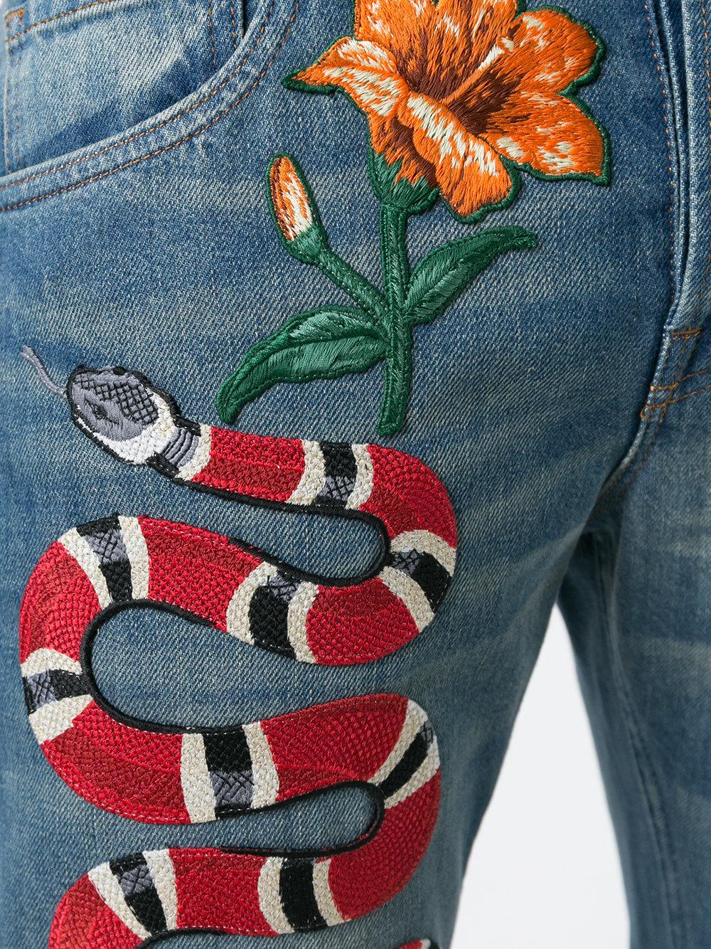 Gucci Denim Snake Embroidered Slim-fit Jeans in Blue for Men - Lyst