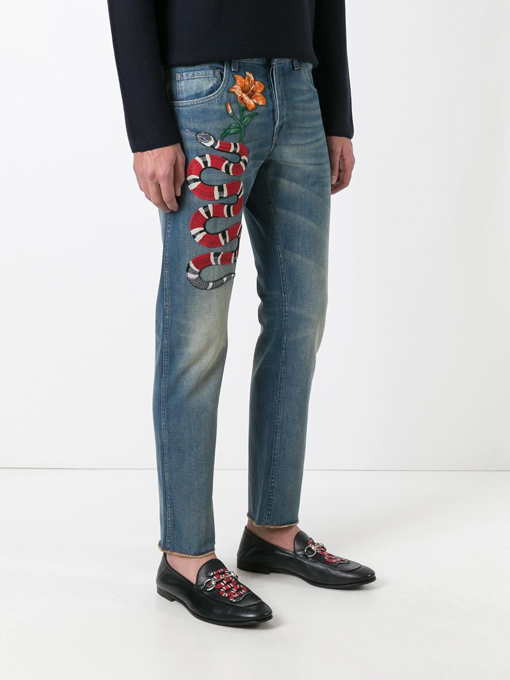 keten St dozijn Gucci Snake Embroidered Slim-fit Jeans in Blue for Men | Lyst