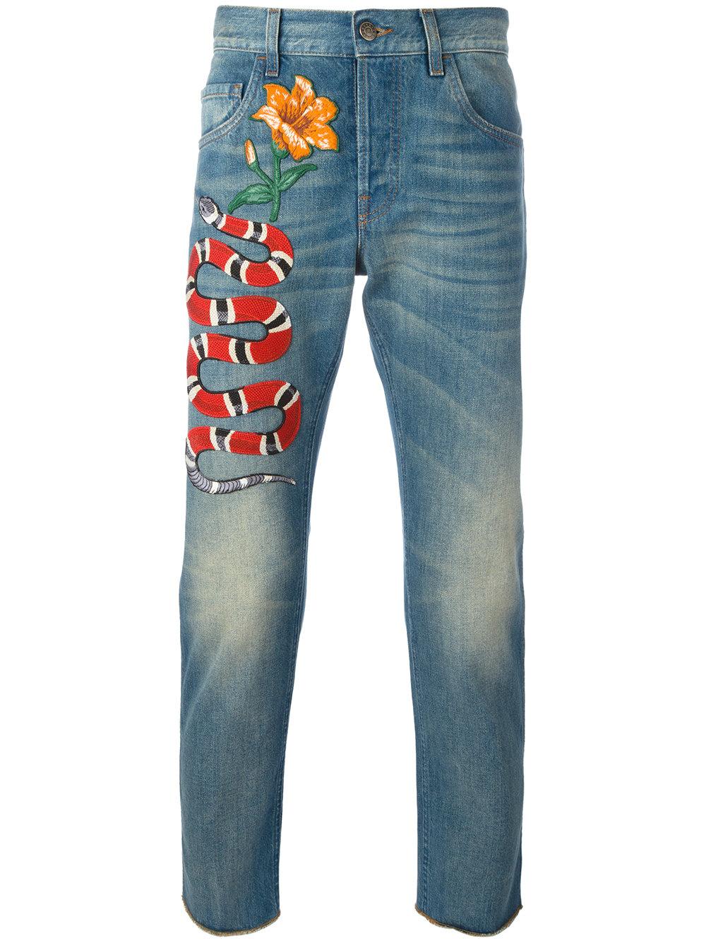 Gucci Denim Snake Embroidered Slim-fit Jeans in Blue for Men | Lyst