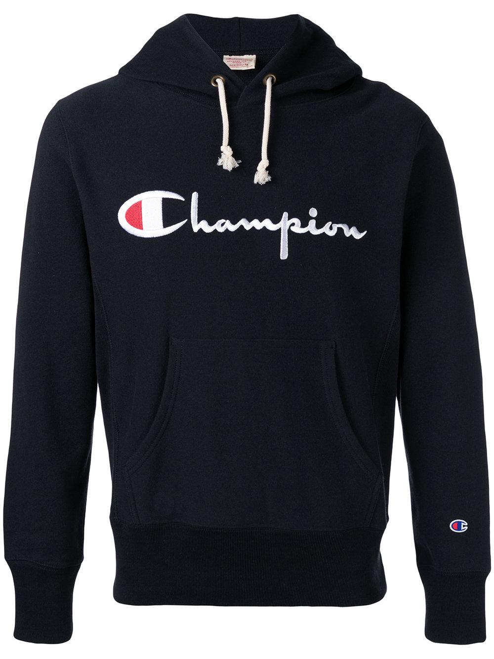 Champion Cotton Logo Print Hoodie in Blue for Men - Lyst