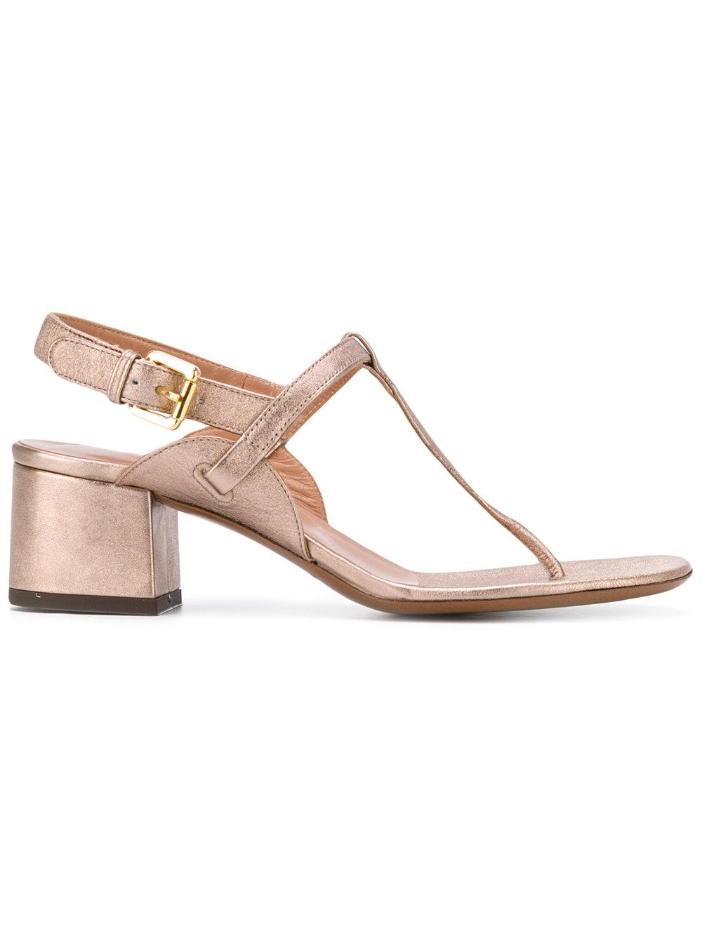 L'Autre Chose Leather Block Heel Thong Sandals in Pink & Purple (Pink