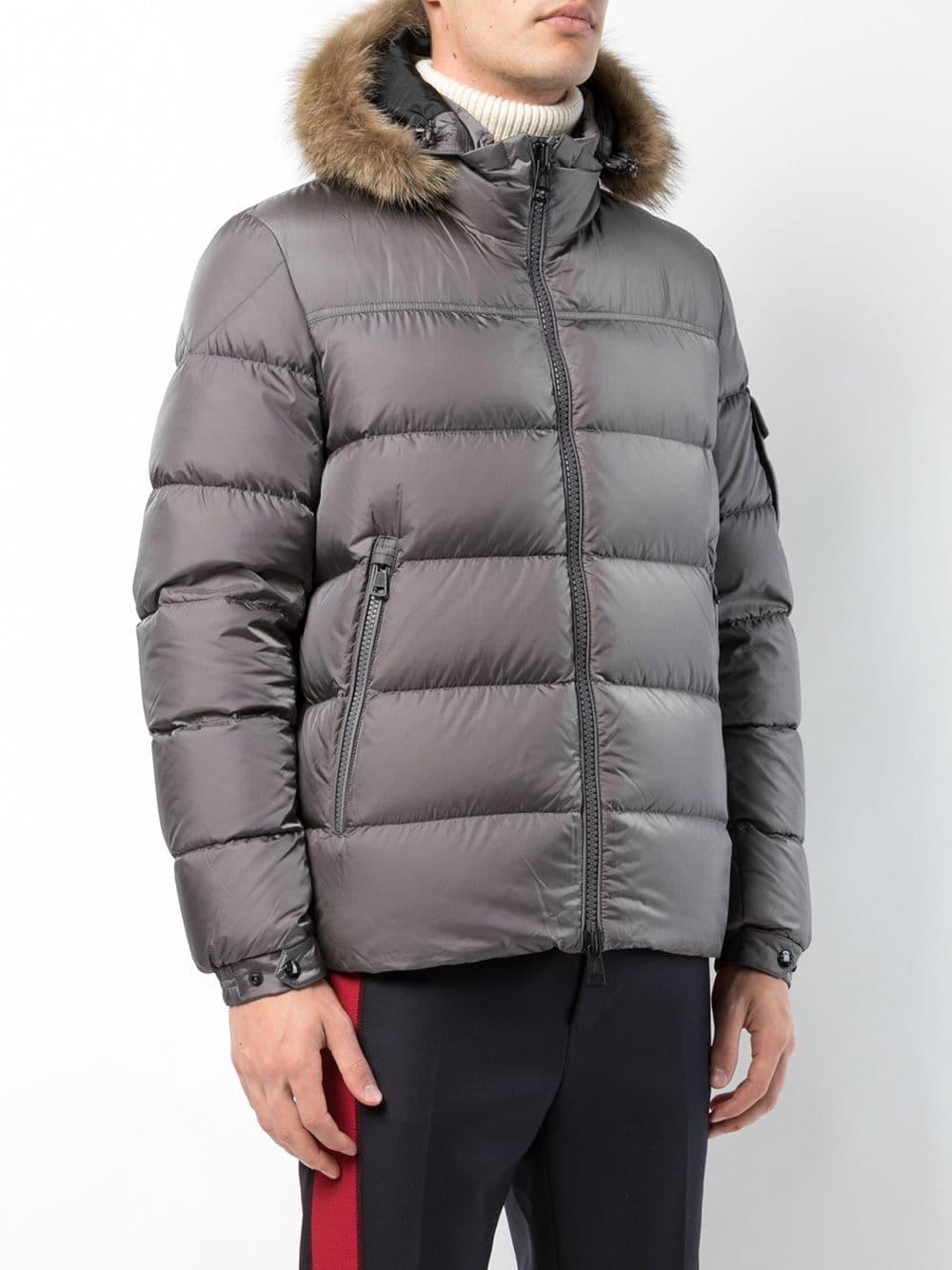 Moncler Synthetic Fur Trimmed Padded Coat in Grey (Grey) for Men - Lyst