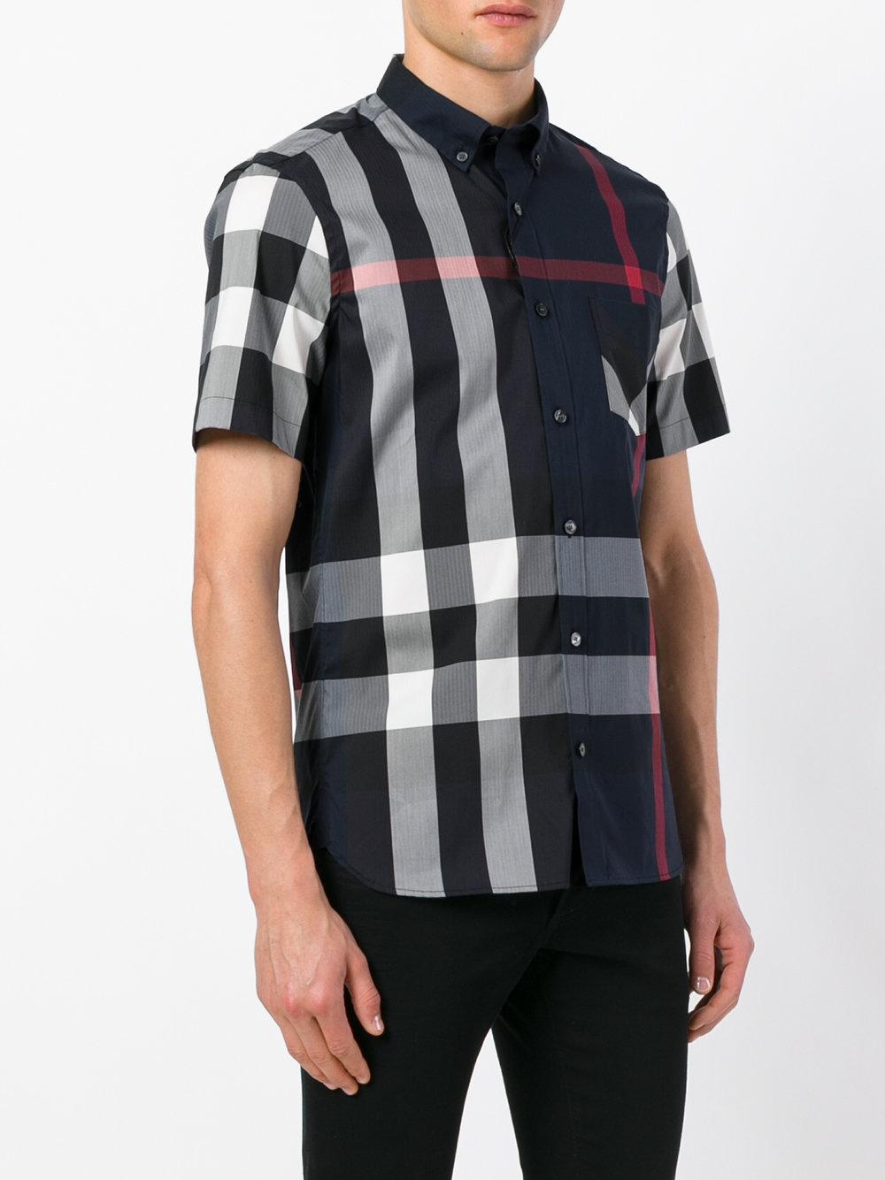 Burberry Cotton Check Short Sleeve Shirt in Blue for Men - Lyst