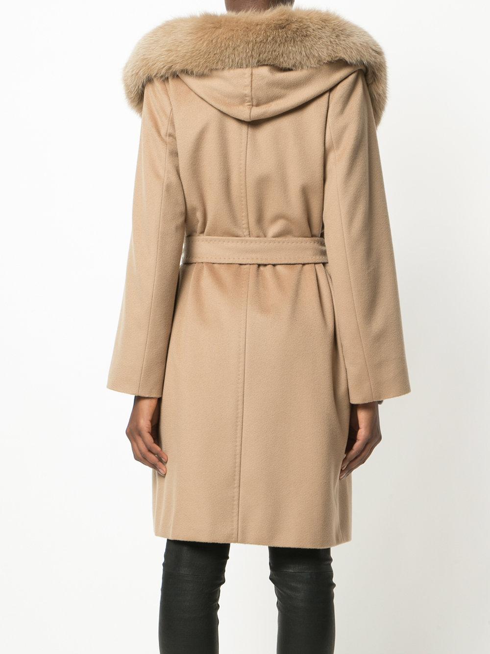 Max Mara Studio Wool Fur Trim Hooded Coat in Brown - Lyst