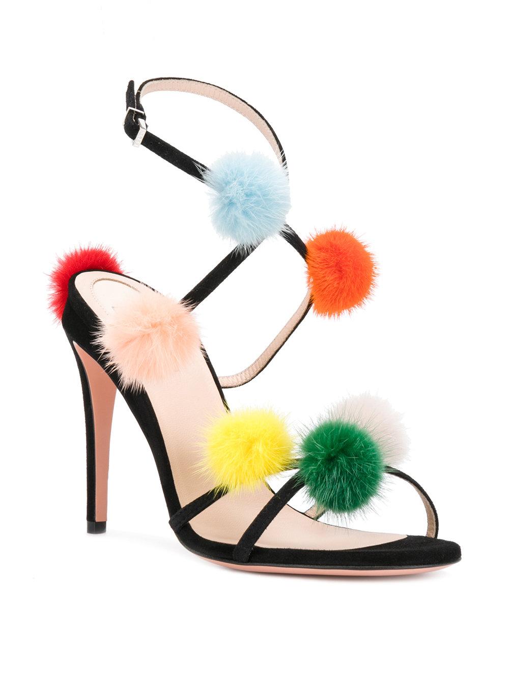 Fendi Fur Pom Pom Sandals in Black - Lyst