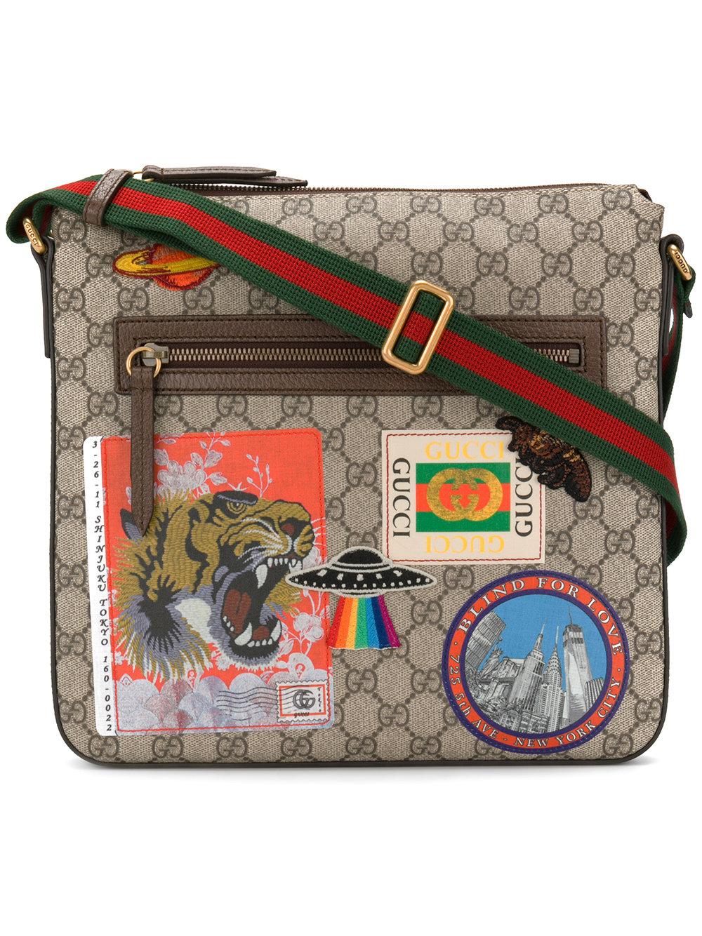 Gucci GG Supreme badge messenger bag ($1,290) ❤ liked on Polyvore featuring  men's fashion, men's bags, men's messen…