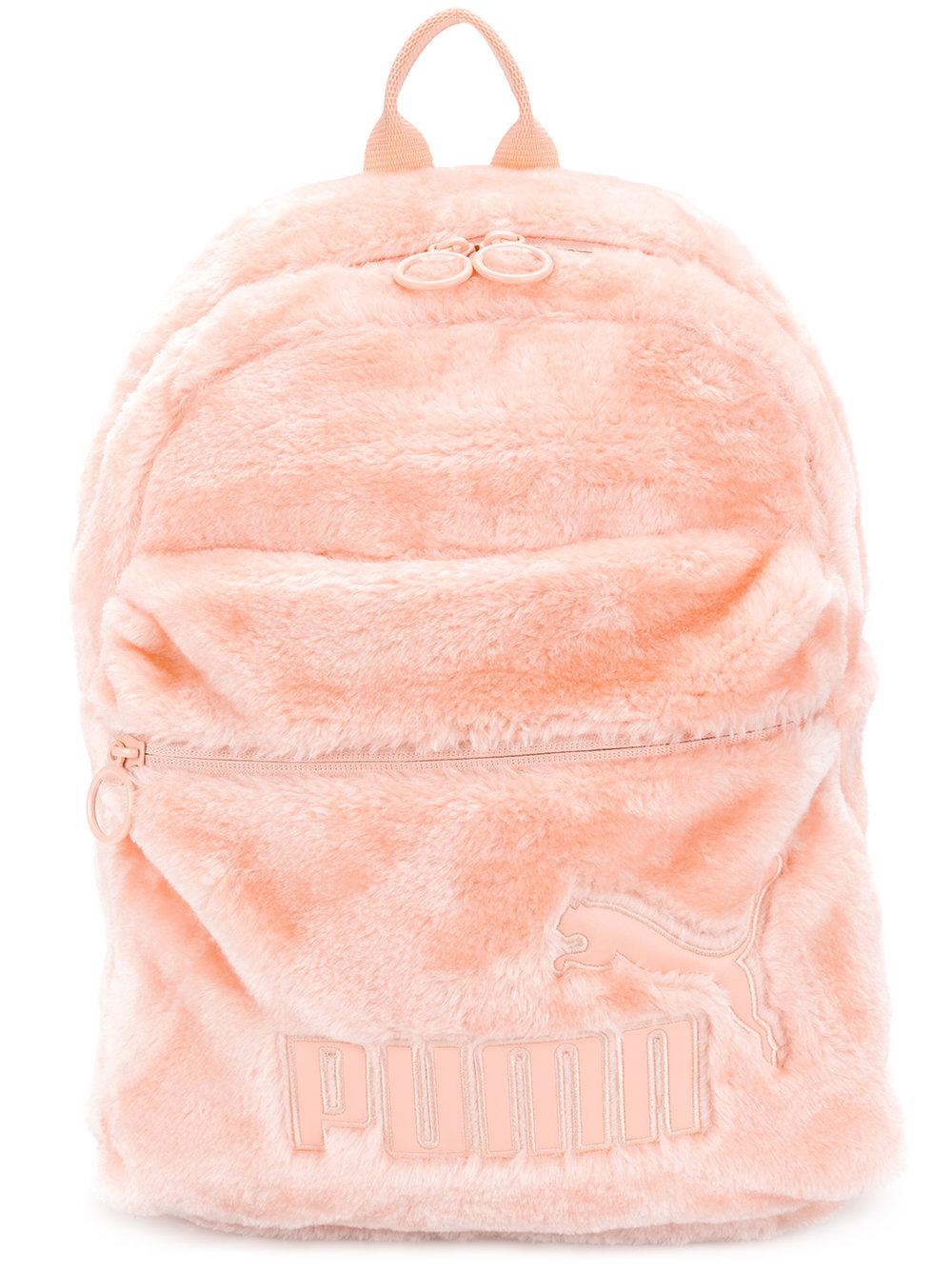 pink furry backpack