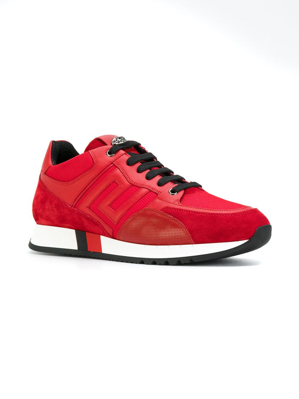 Versace Leather Greek Key Running Shoes in Red for Men - Lyst