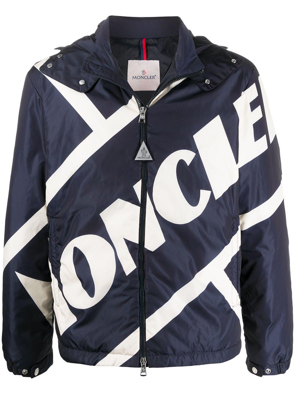 Moncler Logo Print Hooded Jacket in Blue for Men - Lyst