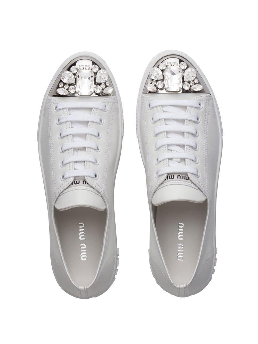 Miu Miu Leather Swarovski Crystal Toe-cap Sneakers in White | Lyst
