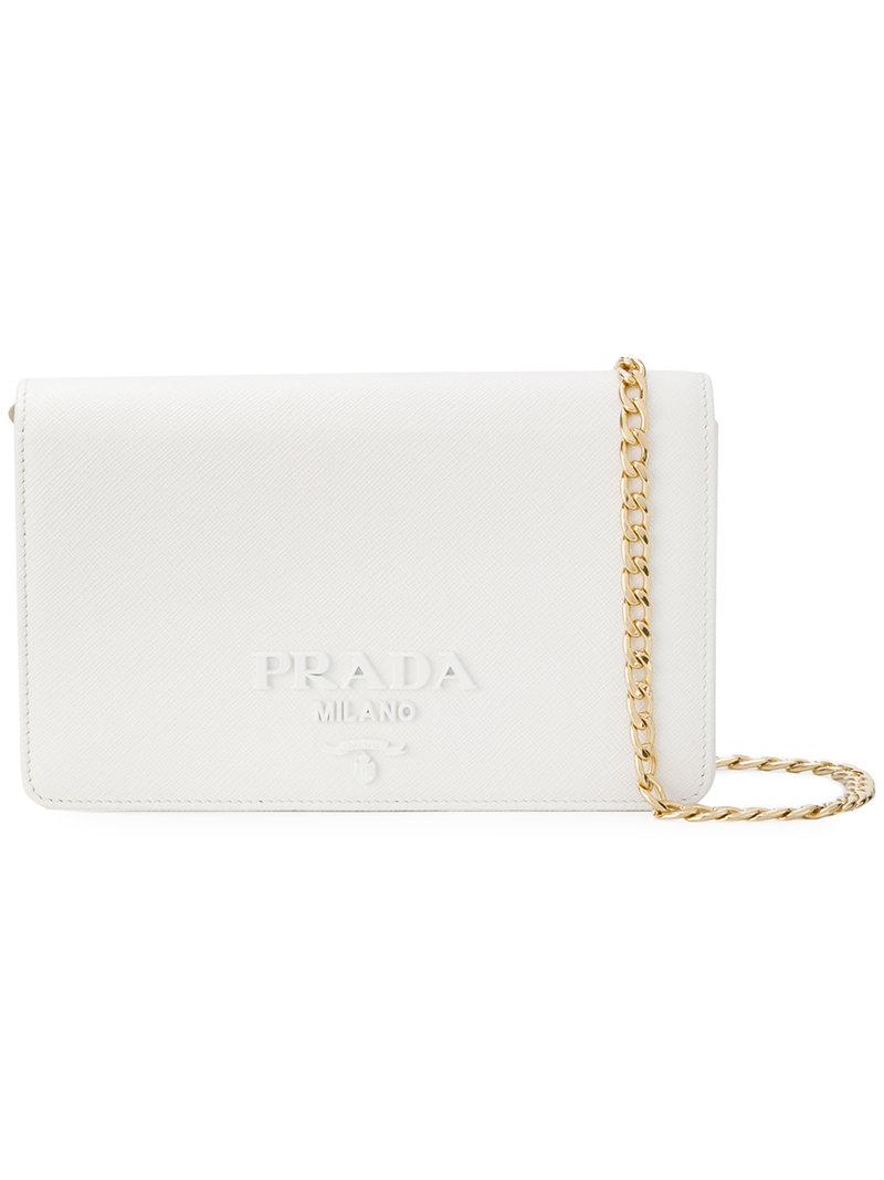 Prada Logo Plaque Wallet On Chain in White