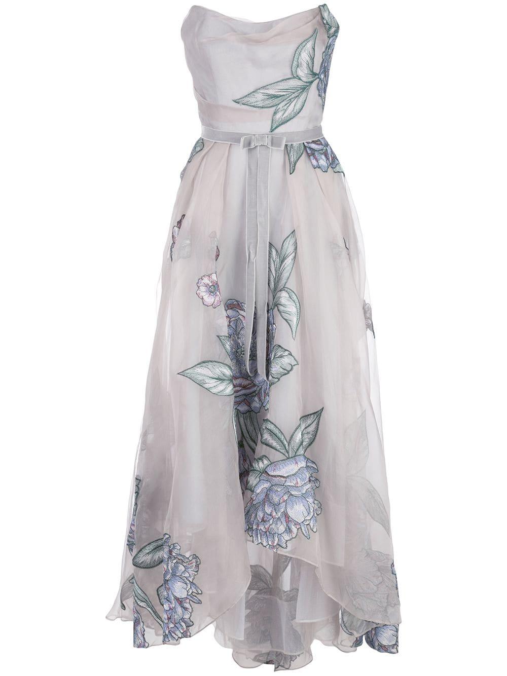 Marchesa notte Draped Corset Embroidered Silk Organza Gown in Silver (Metallic) - Lyst