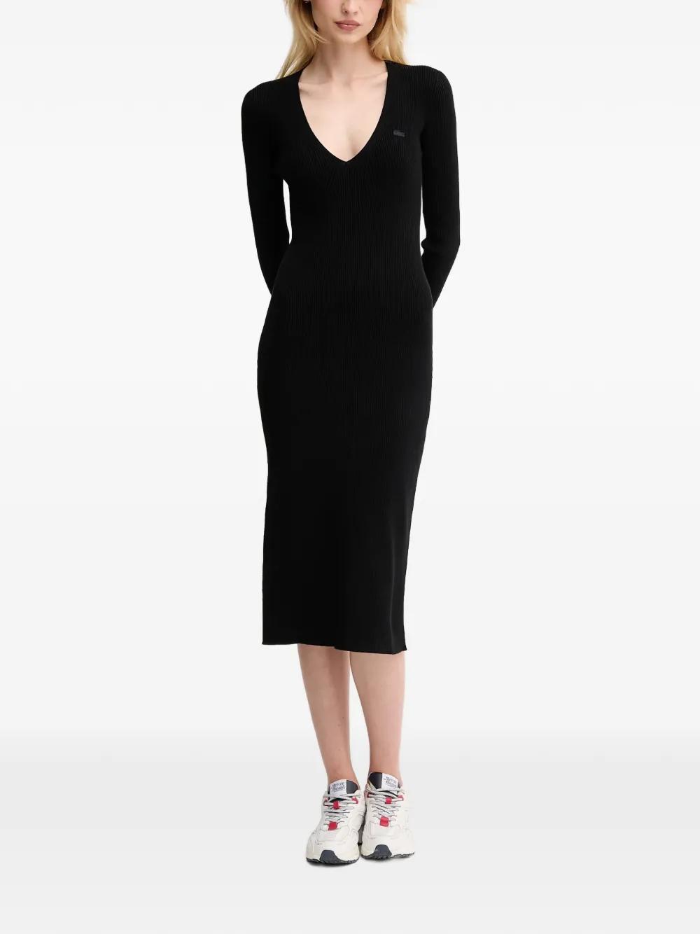 Lacoste V-Neck Ribbed Midi Dress in Black | Lyst Lacoste V-Neck Ribbed Midi Dress in Black | Lyst