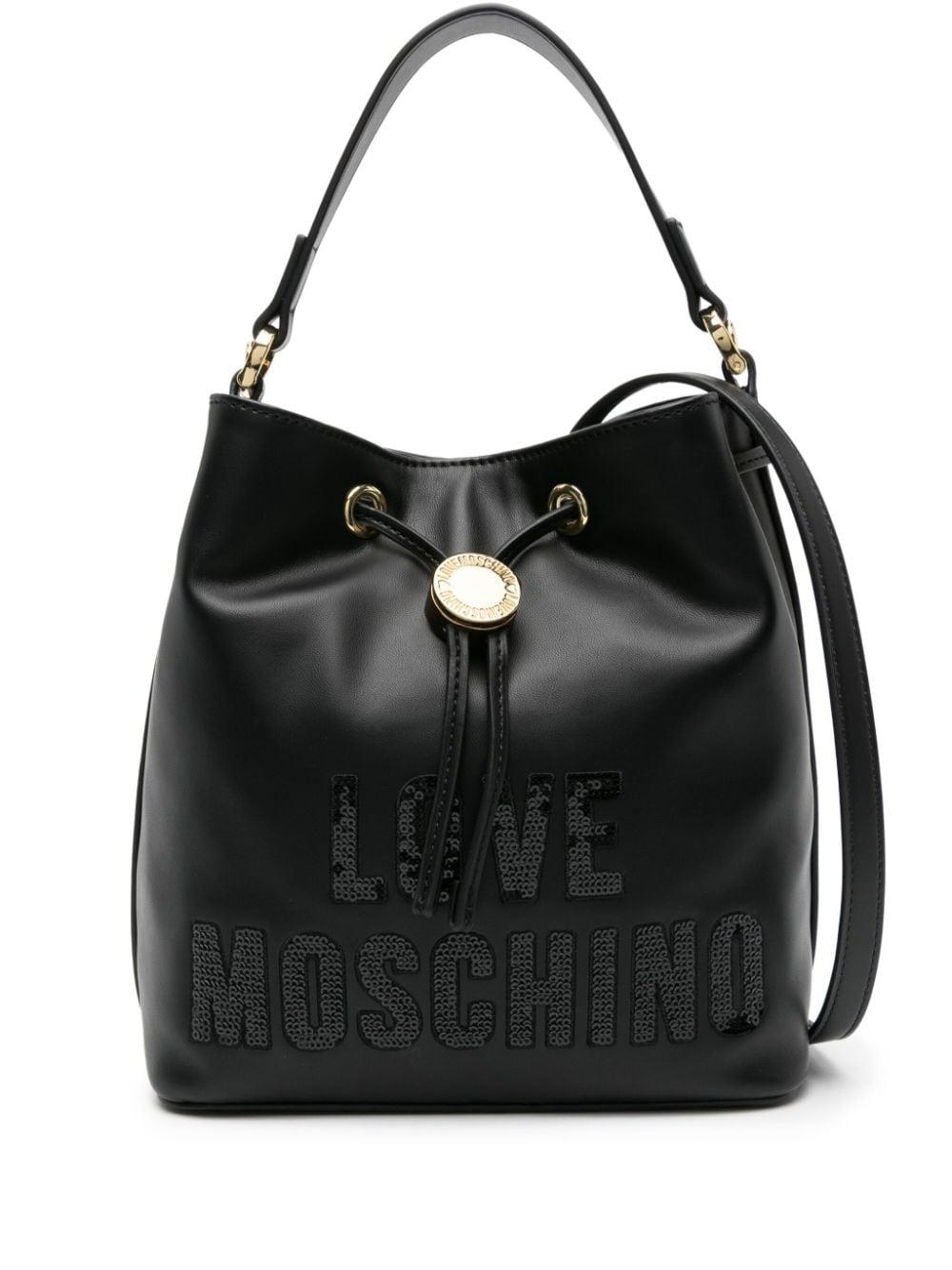 Love Moschino Borsa Studded Raffia and Faux Leather Bucket Bag
