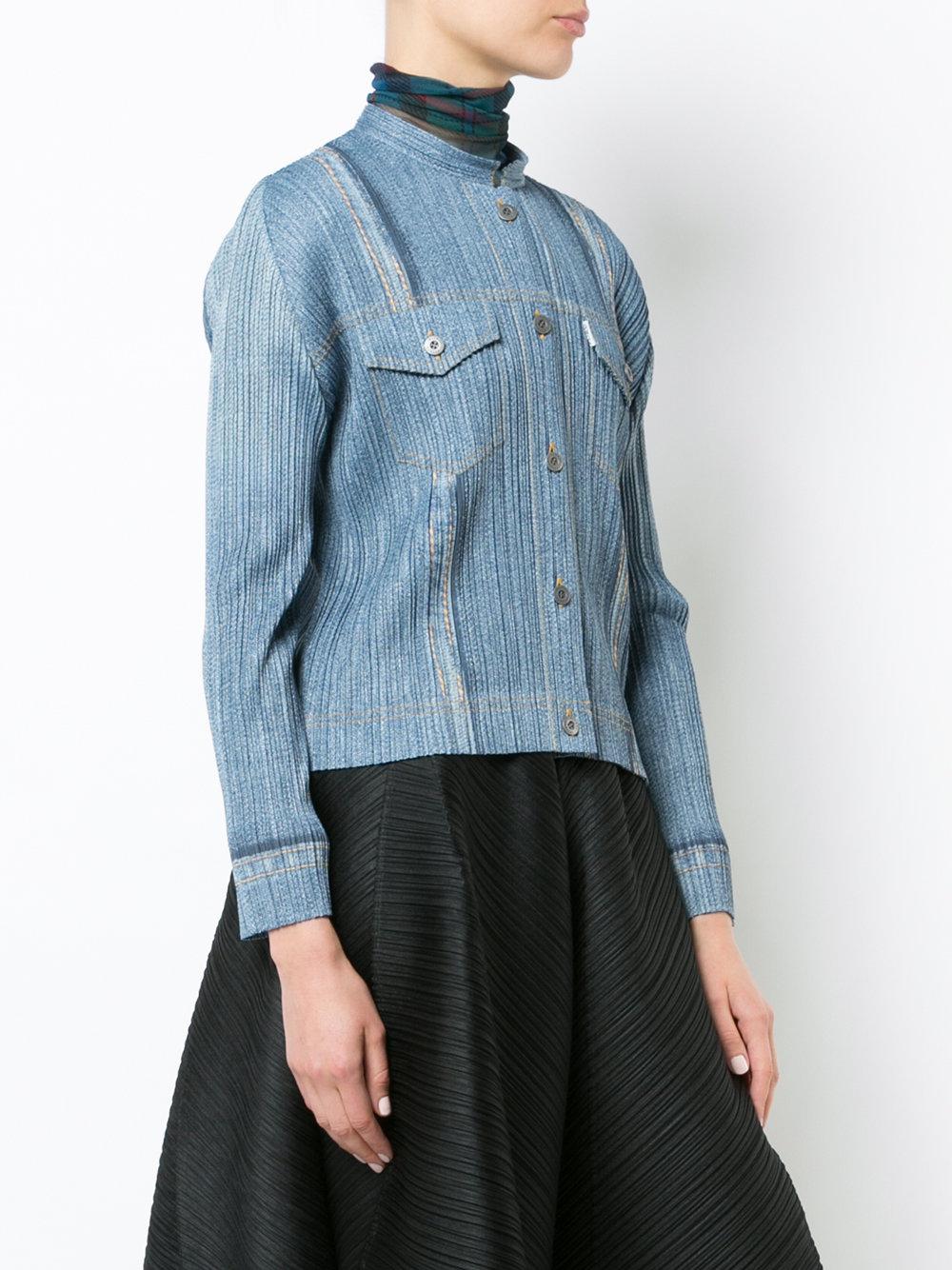 Pleats Please Issey Miyake Micro Pleated Denim Jacket in Blue | Lyst