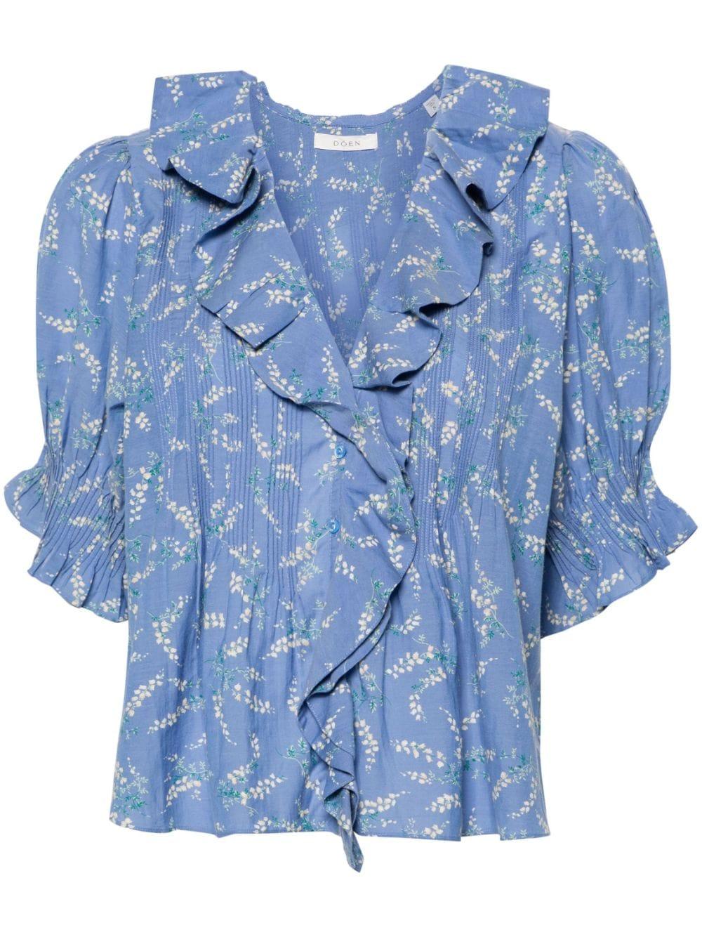 Doen Floral-print Ruffled Blouse in Blue | Lyst