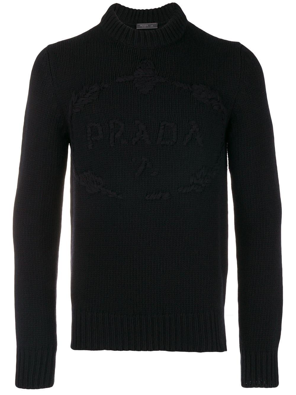 Prada Wool Embroidered Logo Knit Jumper in Black for Men - Lyst