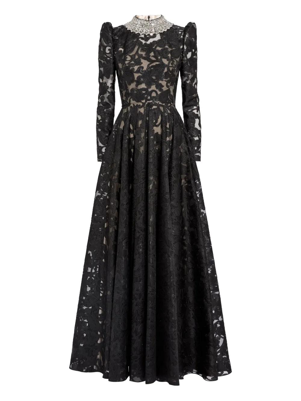 Jenny Packham Embellished-Neck Puff-Sleeve Maxi Dress in Black | Lyst