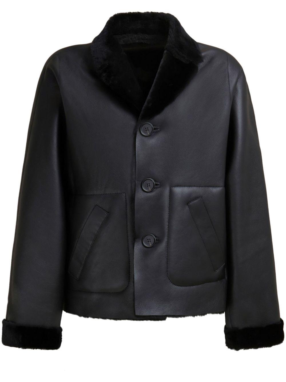 Marni レディース ブラック シアリングトリム レザージャケット ジャケット
