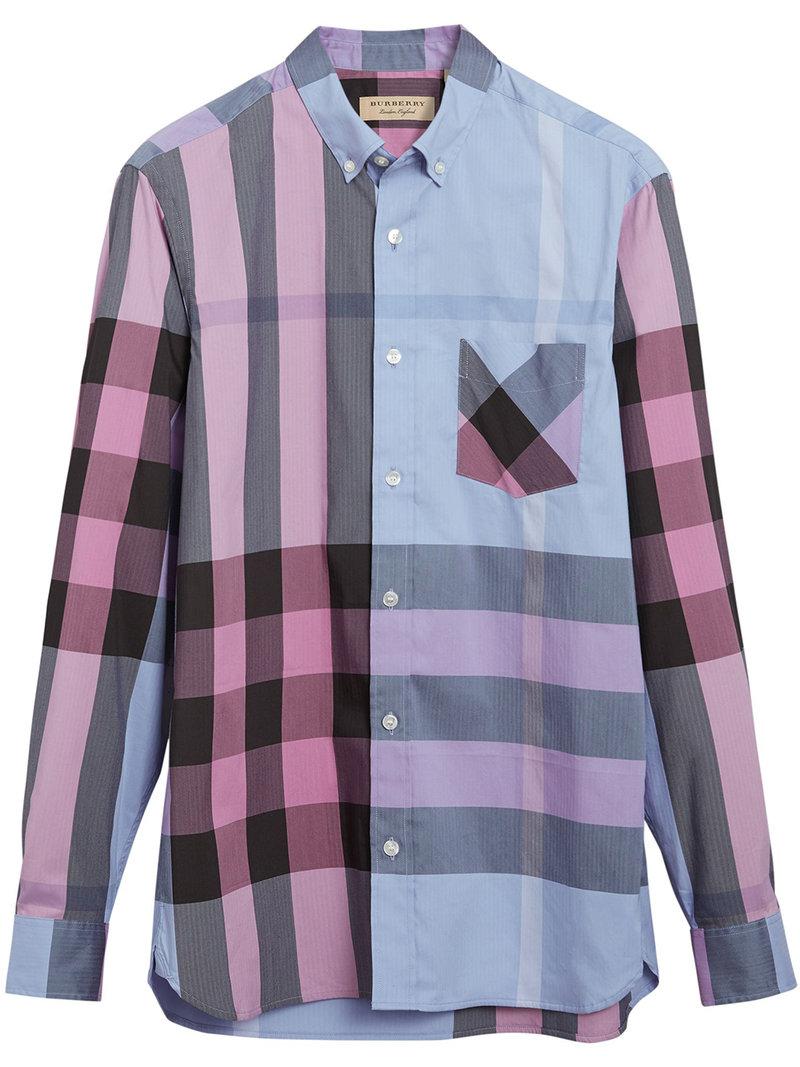 Burberry Cotton Check Stretch Shirt in Blue for Men | Lyst