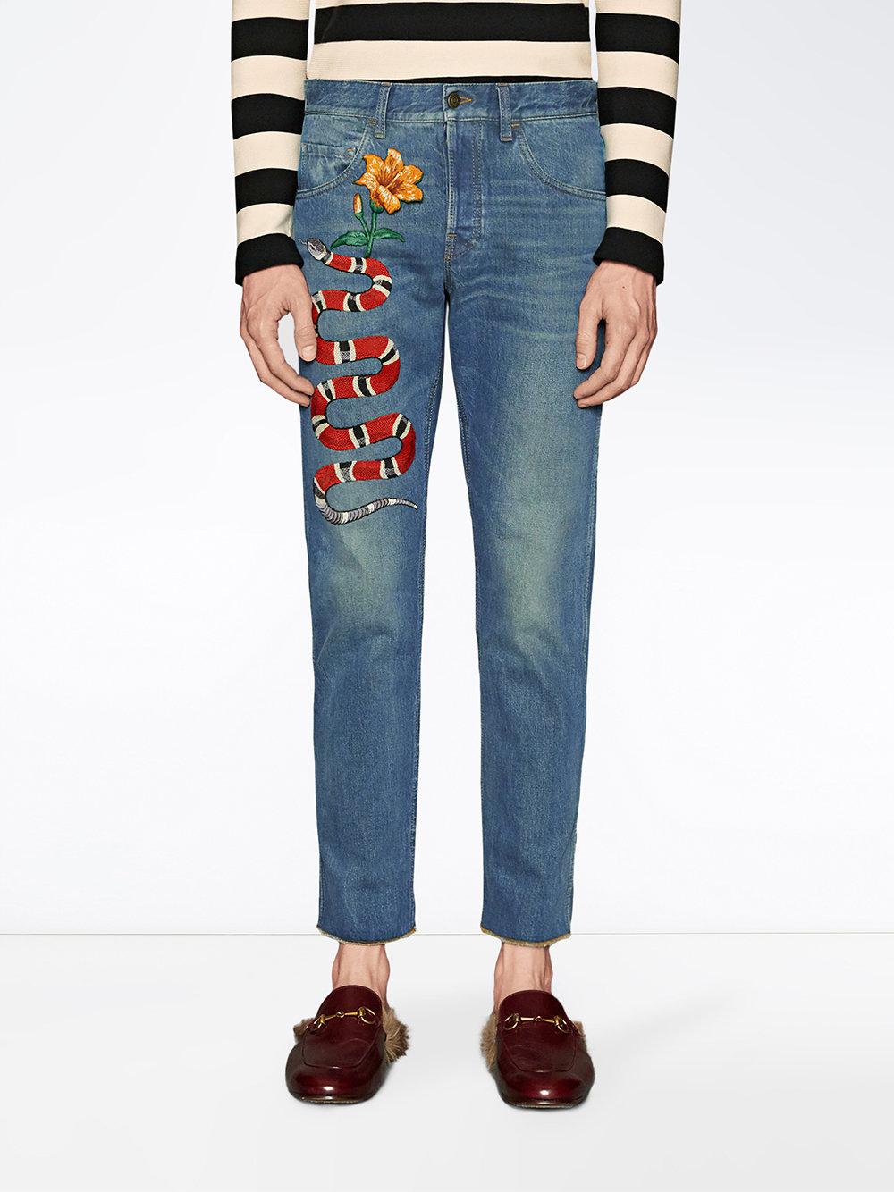 Gucci Embroidered Denim Pants in Blue for Men | Lyst