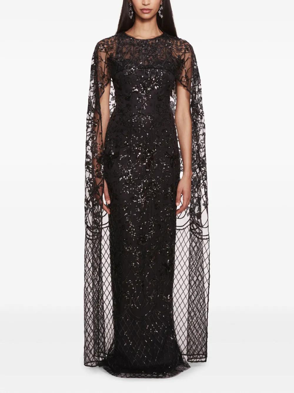 Marchesa Sequin-Embellished Cape Gown in Black | Lyst UK