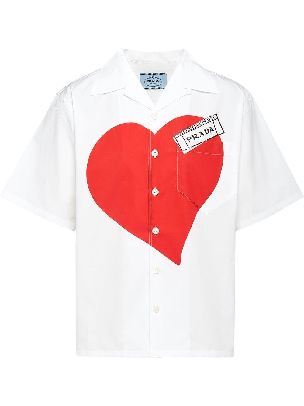 Prada Heart Print Poplin Shirt in White for Men