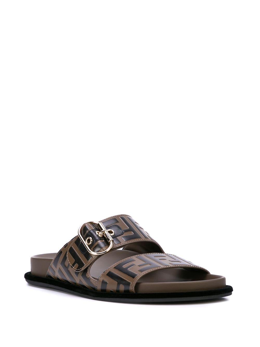 Fendi Leather Ff Motif Double-strap Flat Sandals in Black - Lyst
