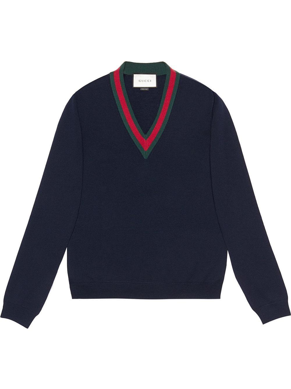 Gucci Wool V neck Sweater With Web in Blue for Men Lyst UK