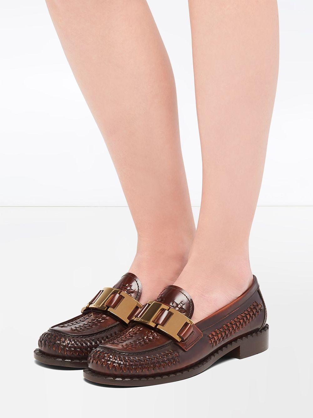 Prada Buckled Woven Loafers in Brown | Lyst